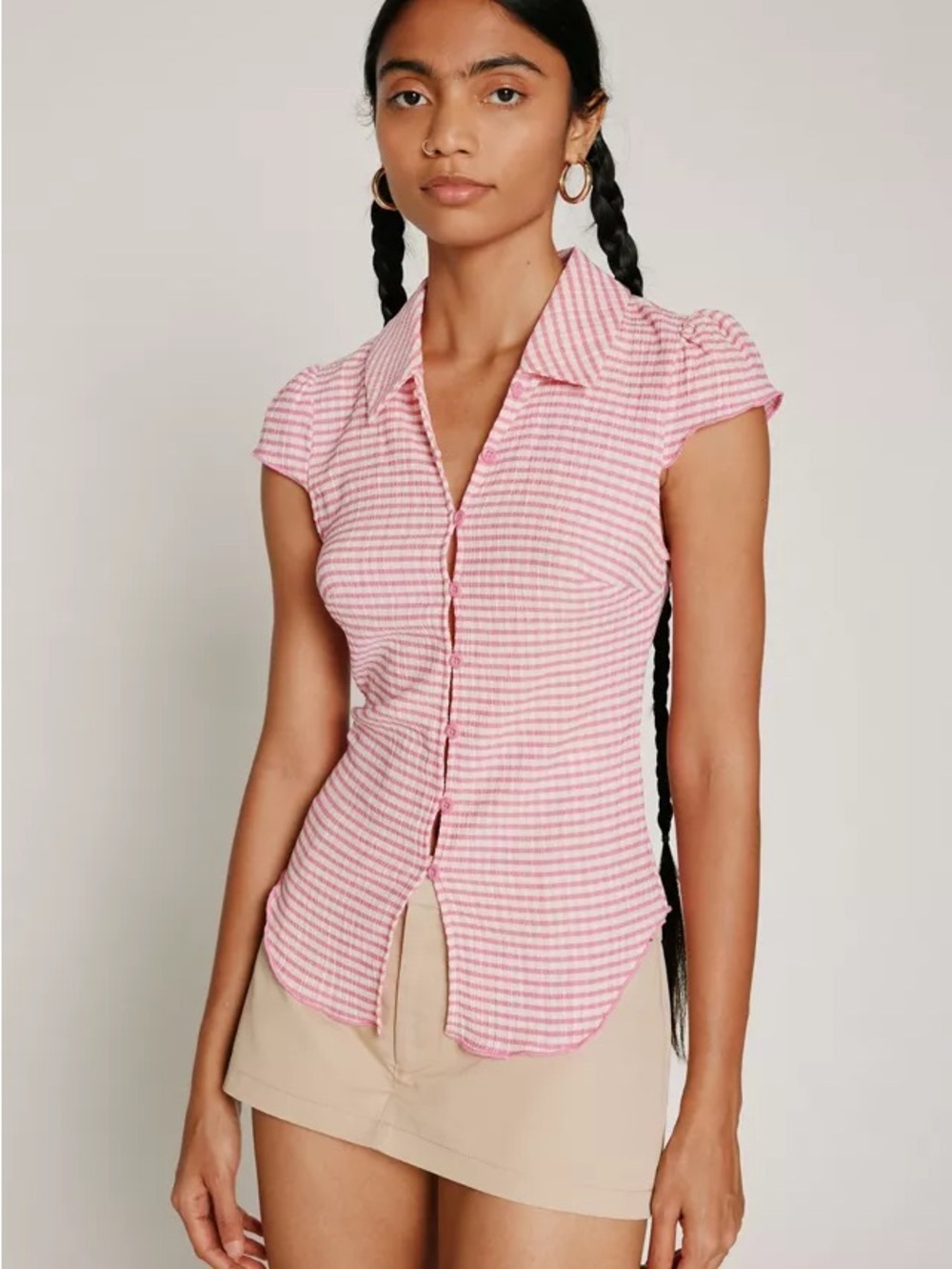 Urban Outfitters Pink Striped Cap Sleeve Button-Down Shirt
